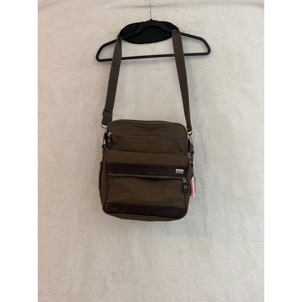 American Tourister Messenger Bag Olive Canvas Crossbody Travel Bag Brown Trim